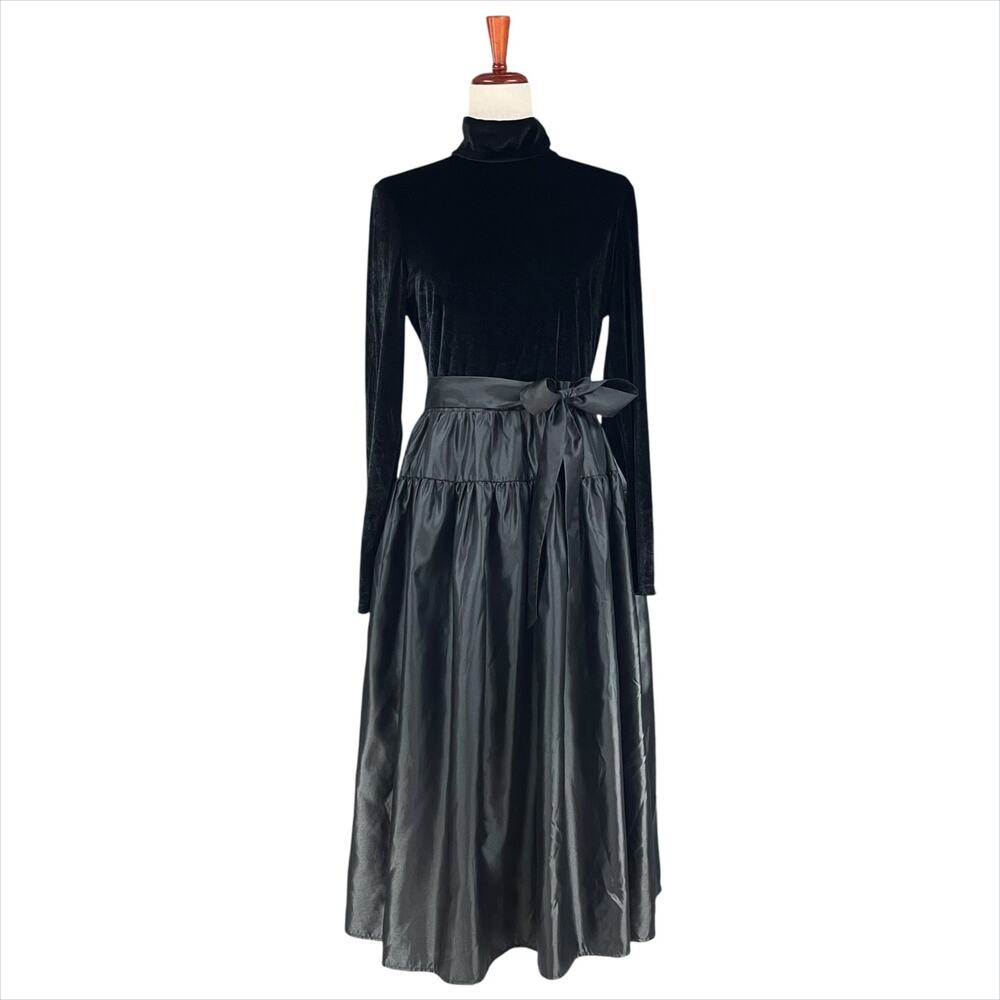 LDT Raquel Black Mock-Neck Velvet & Taffeta Midi Dress Size 8